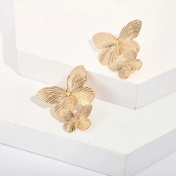 Gold Double Butterfly Wings Stud Earrings - Picture 3 of 4